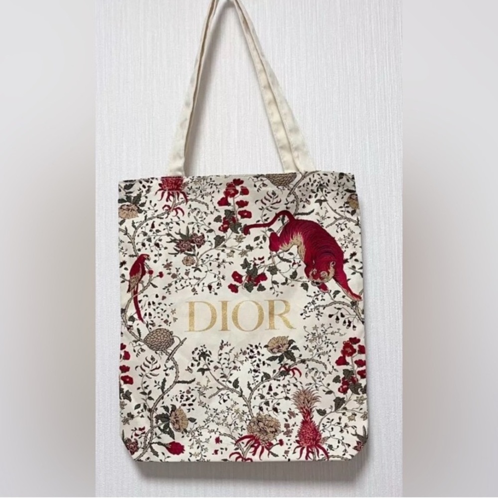 DIOR Tiger Mono Botanical Canvas Collectible Tote Bag W Gold Mono Accents - Picture 2 of 5